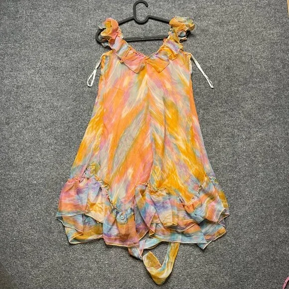 U & Me Womens A Line Dress Orange Abstract Short V Neck Sleeveless Ruffle M - Picture 3 of 7